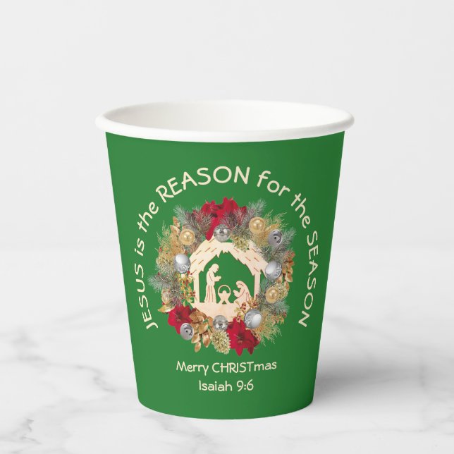JESUS IS THE REASON Green Christmas Paper Cups (Front)