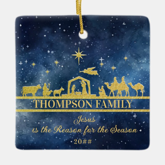 "Jesus is the Reason" Nativity Scene Family Photo Ceramic Ornament (Front)