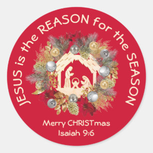 JESUS IS THE REASON Red Christmas Classic Round Sticker
