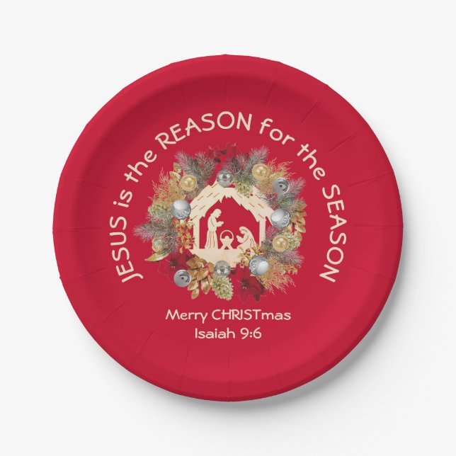 JESUS IS THE REASON Red Christmas Paper Plate (Front)