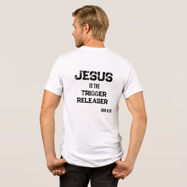 Jesus is the Trigger Releaser Faith Scripture Tri-Blend Shirt (Back Full)