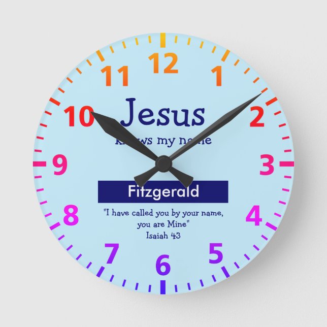 JESUS KNOWS MY NAME Cute Blue Personalized Boys Round Clock (Front)