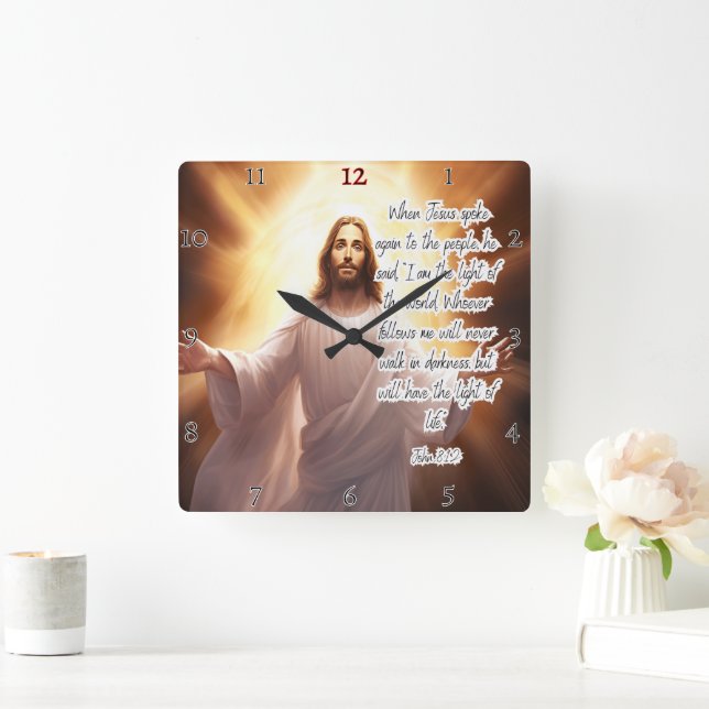 Jesus: Light, World, Eternal Life Square Wall Clock (Home)