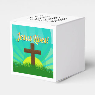 Jesus Lives Blue/Brown Christian Easter Cross Favor Box
