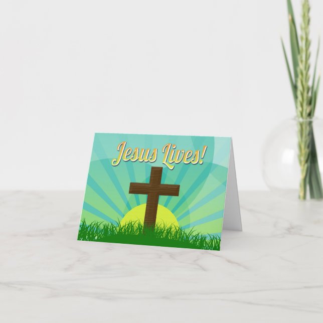 Jesus Lives Blue/Brown Christian Easter Cross Holiday Card (Front)