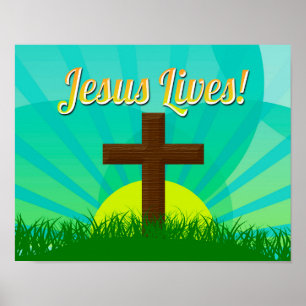 Jesus Lives Blue/Brown Christian Easter Cross Poster