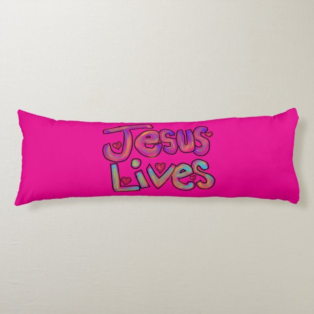 ‘Jesus Lives’ Christian Quote Custom Name Pink Body Pillow (Front)
