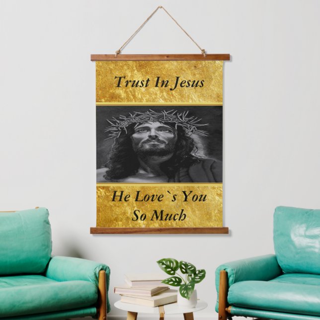 Jesus looking into heaven with a gold foil design  hanging tapestry (Living Room)