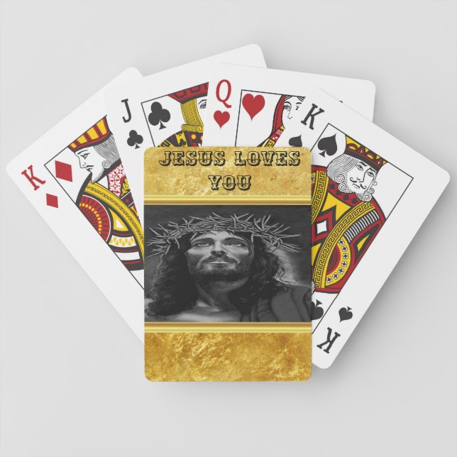 Jesus looking into heaven with a gold foil design playing cards (Back)