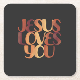 Jesus Loves Christian Typography Design  Square Paper Coaster
