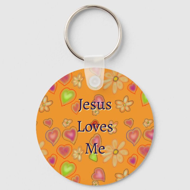 ‘Jesus Loves Me’ Christian Floral Custom Name  Keychain (Front)
