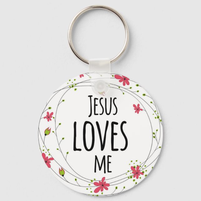 Jesus Loves Me Cross Wreath Floral White Keychain (Front)