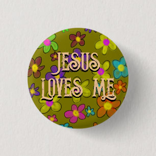 Jesus Loves Me Cute Retro Flower Pattern  1 Inch Round Button