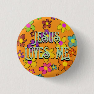 Jesus Loves Me Cute Retro Flower Pattern Orange 1 Inch Round Button