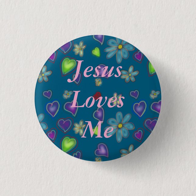 Jesus Loves Me Floral Blue  1 Inch Round Button (Front)