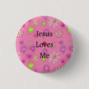 Jesus Loves Me Floral Hearts Pink 1 Inch Round Button