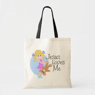 Jesus loves me girl with bear tote bag