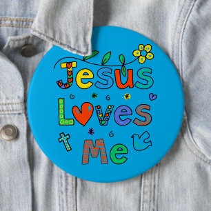 Jesus Loves Me I Ice Blue I Jean Jacket I Front 6 Inch Round Button