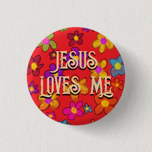 Jesus Loves Me Retro Flower Pattern Red 1 Inch Round Button