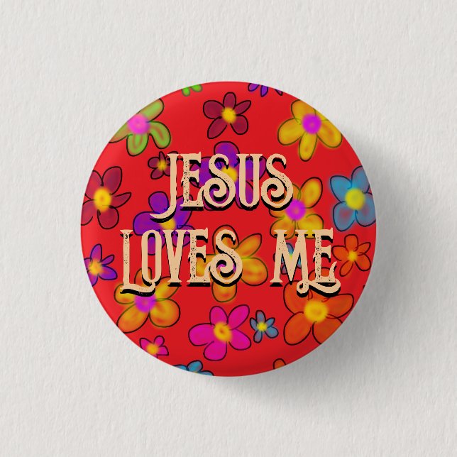 Jesus Loves Me Retro Flower Pattern Red 1 Inch Round Button (Front)