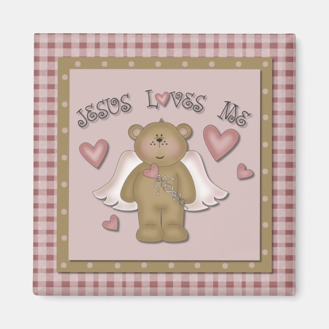 Jesus Loves Me Teddy Bear Angel Square Magnet (Front)