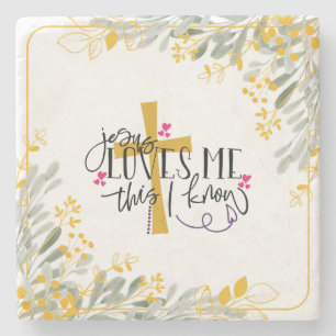 Jesus Loves Me This I Know, Cross and Flowers Stone Coaster