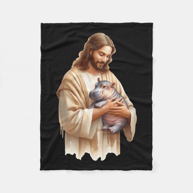 Jesus Loves Moo Deng Bouncy Pig Cute Ba  Fleece Blanket (Front)