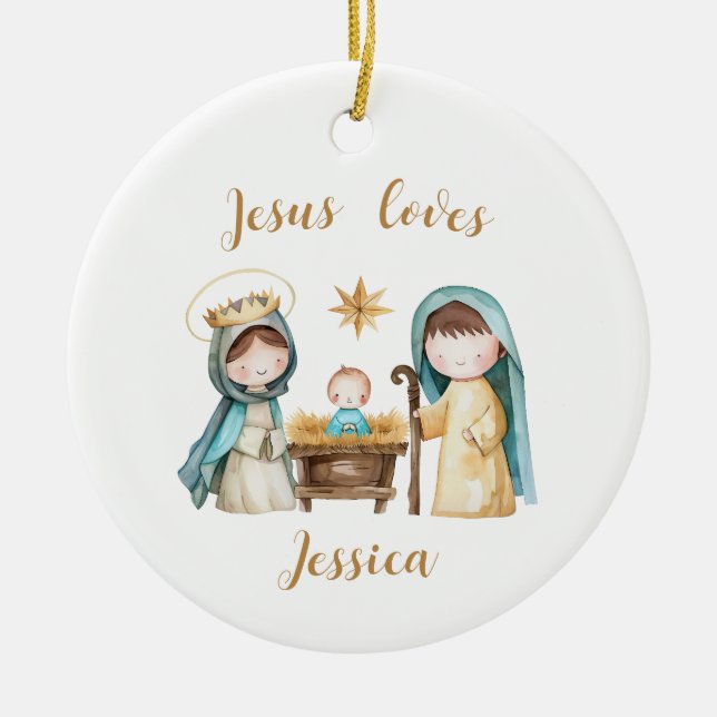 Jesus Loves Personalized Kid's Name Nativity Scene Ceramic Ornament (Front)
