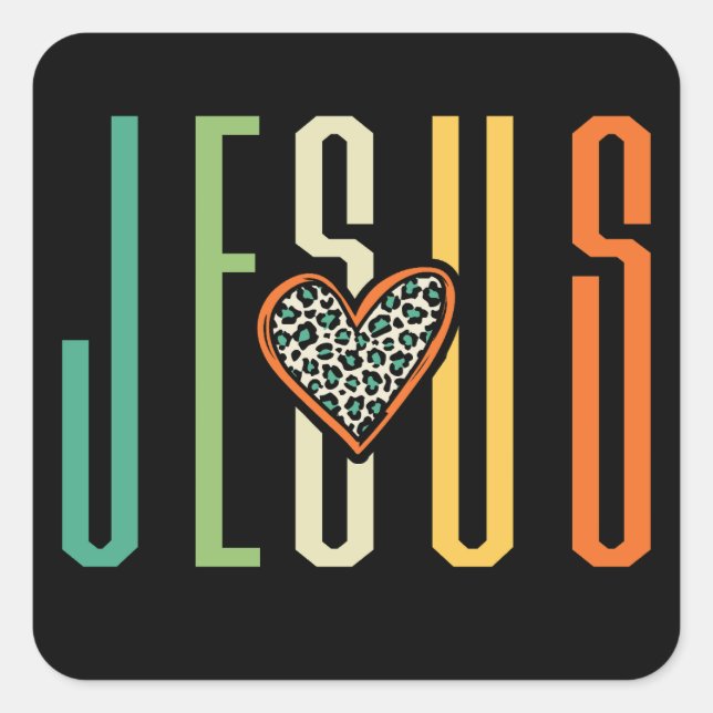 Jesus Loves Retro Heart Square Sticker (Front)
