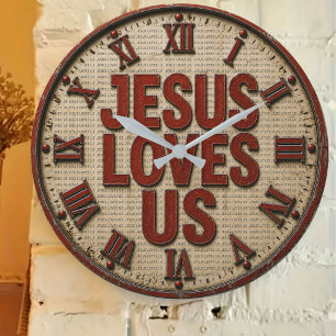 Jesus Loves Us Vintage Rustic Christian Large Clock