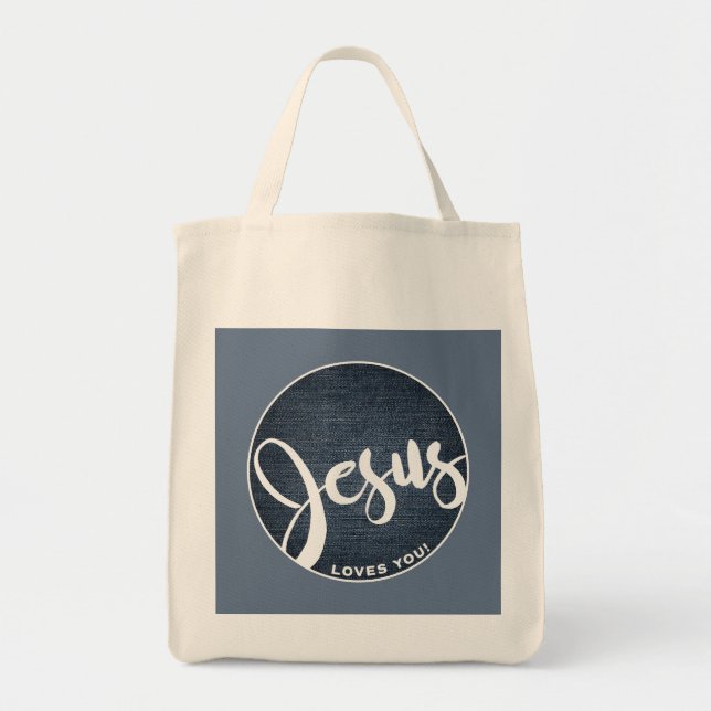 Jesus Loves You Blue Denim Tote Bag (Front)
