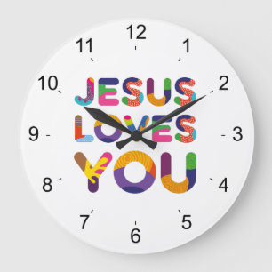 Jesus Loves You Colourful Decorative Text Art Large Clock