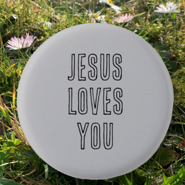 Jesus Loves You Custom Grey & Black Christian 1 Inch Round Button (Customize this Christian Faith quote "Jesus Loves You" pin on button.  Modern black script on grey.)