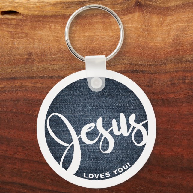 Jesus Loves You Denim Circle Keychain (Front)