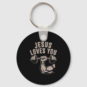 Jesus Loves You Funny Christian Workout Gym Barbel Keychain