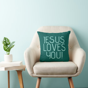 Jesus loves you Green & light teal Throw Pillow