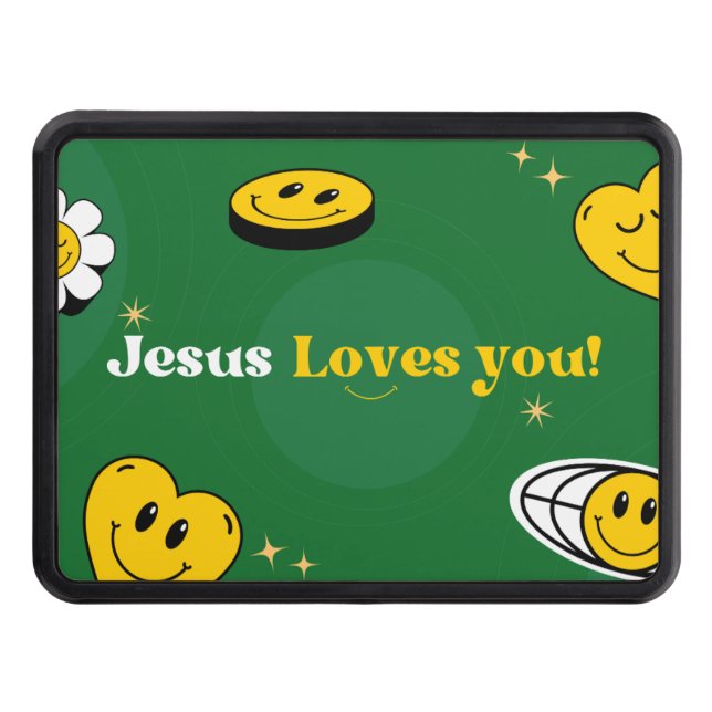 "Jesus Loves You" Green Smiley For Christians Trailer Hitch Cover (Front)