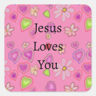 Jesus Loves You Hearts Pink  Square Sticker