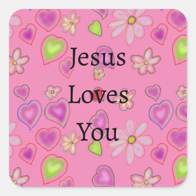 Jesus Loves You Hearts Pink  Square Sticker (Front)