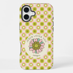 Jesus Loves You Pink Green Retro Circles Pattern iPhone 16 Plus Case