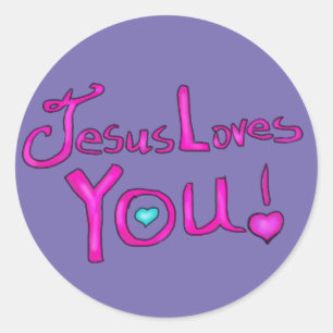 Jesus Loves You Pink Purple with Heart Classic Round Sticker