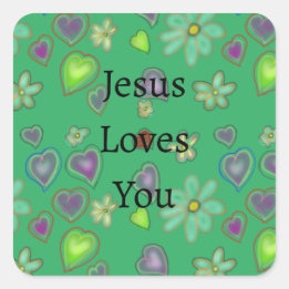 Jesus Loves You Purple Green Hearts Square Sticker