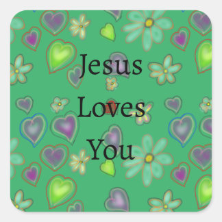 Jesus Loves You Purple Green Hearts Square Sticker