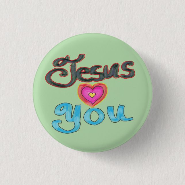 ‘Jesus Loves You’ Quote Pink Heart Green  1 Inch Round Button (Front)