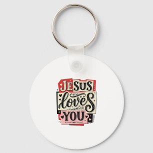 Jesus Loves You Vintage Engraving Christian Typogr Keychain