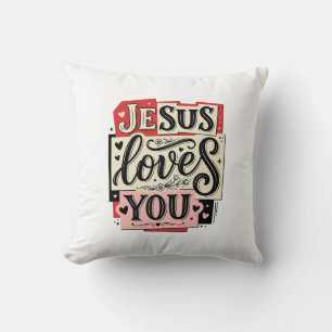 Jesus Loves You Vintage Engraving Christian Typogr Throw Pillow