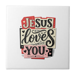 Jesus Loves You Vintage Engraving Christian Typogr Tile