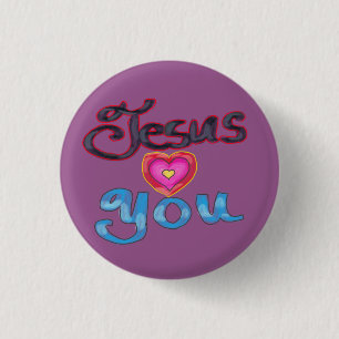  ‘Jesus Loves You’ with Pink Heart on Purple 1 Inch Round Button