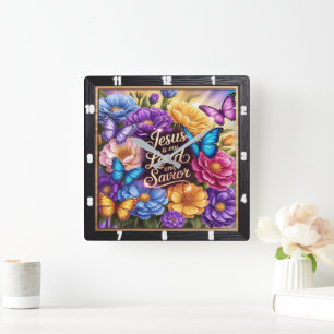Jesus My Lord Savior Flowers Square Wall Clock