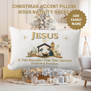 Jesus Nativity Christmas Accent Pillow Gold